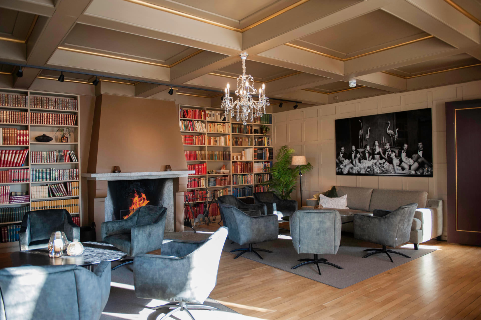 Biblioteket med peis på Villa Ekeli