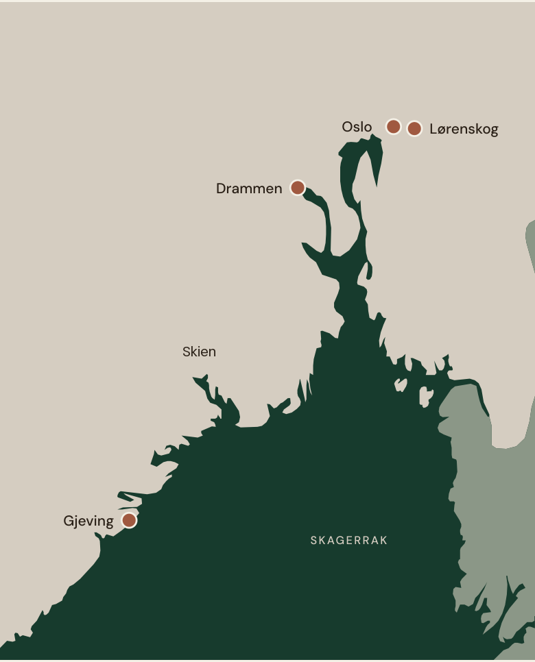 Kart over eiendommer i Oslo, Lørenskog, Drammen, Skien og Gjeving ved Skagerrak